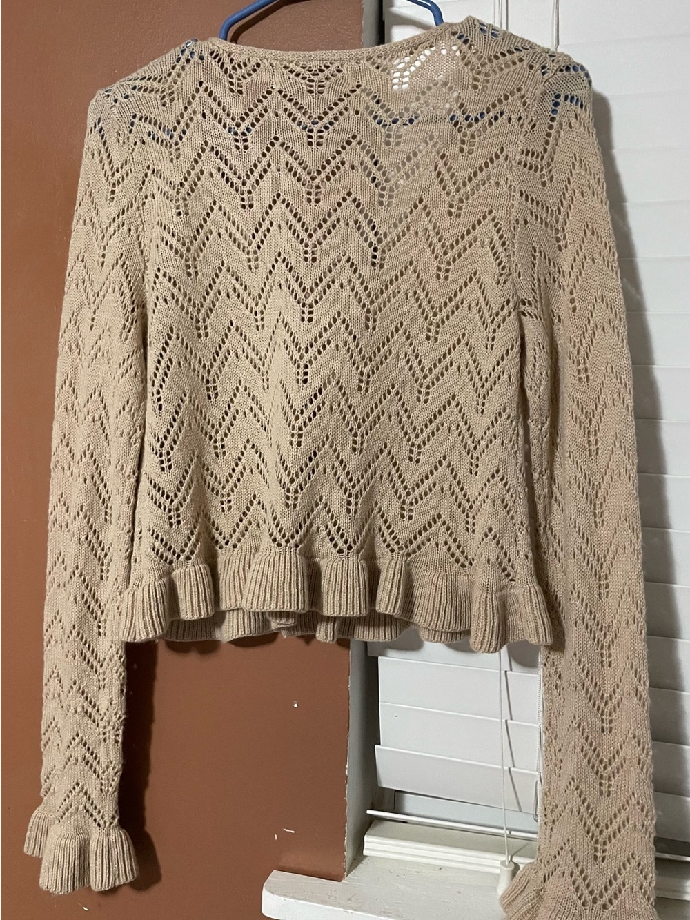 Beige Openwork Ruffle-Hem Cardigan with Loop Closure - Picture 2 of 4